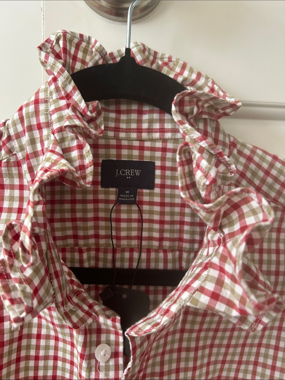 J. Crew Red and White Plaid Button-Down Shirt with Ruffled Collar - Picture 2 of 3